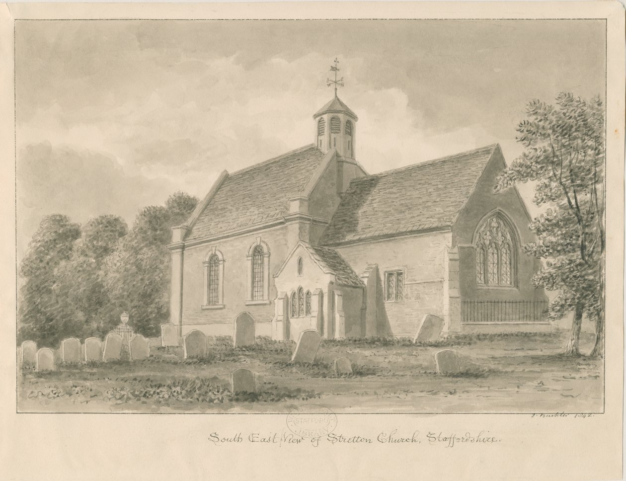 Stretton Church: sepia tegning, 1842 af John Buckler