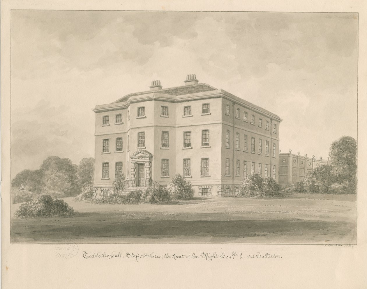 Teddesley Hall: sepia wash drawing, 1841dani af John Buckler