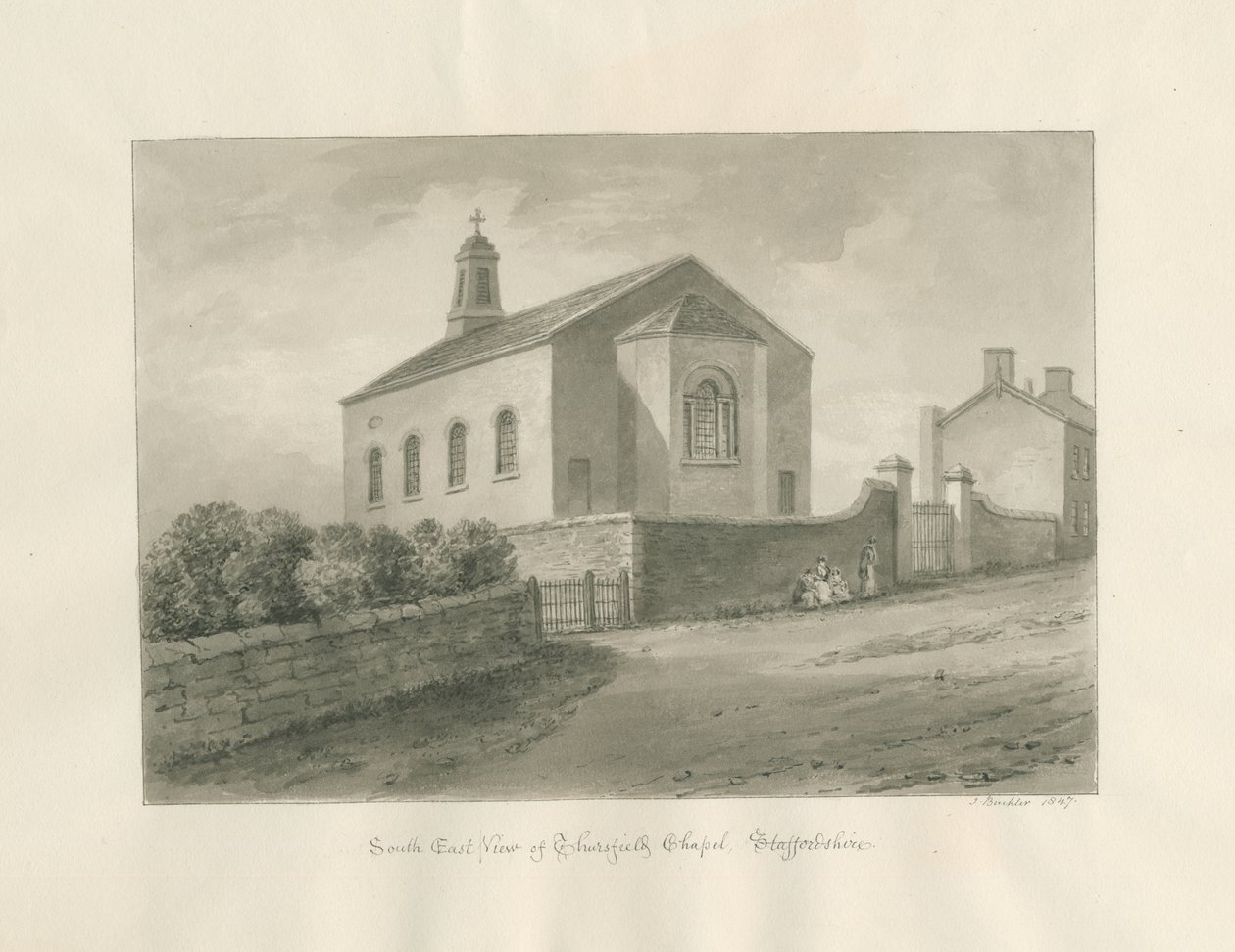 Thursfield Chapel: sepia vask tegning af John Buckler