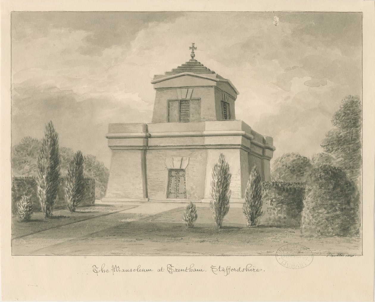 Trentham - Mausoleet: sepia tegning af John Buckler