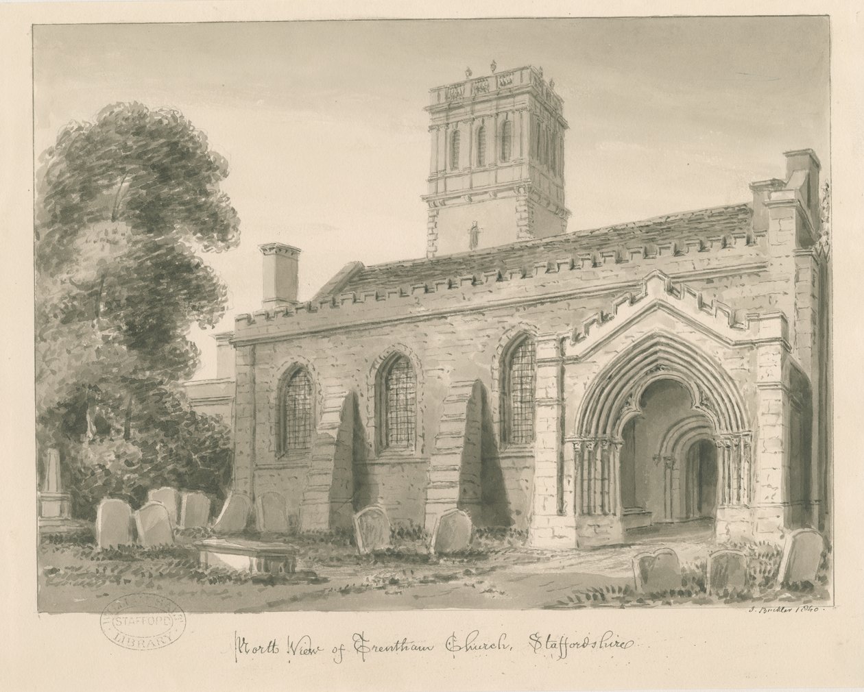 Trentham Church: sepia vask tegning, 1840 af John Buckler