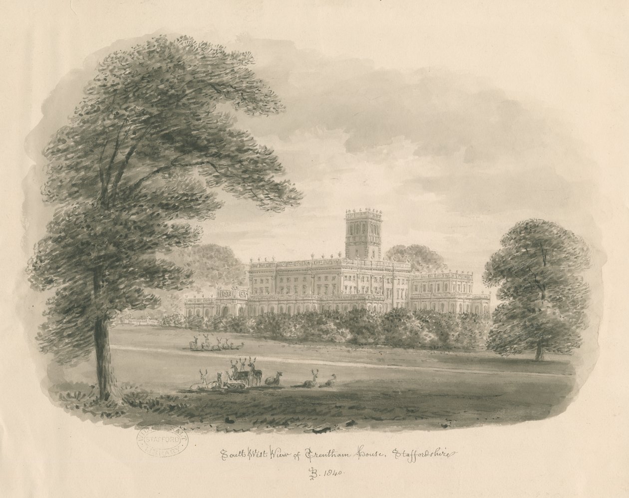 Trentham Hall: sepia tegning, 1840 af John Buckler
