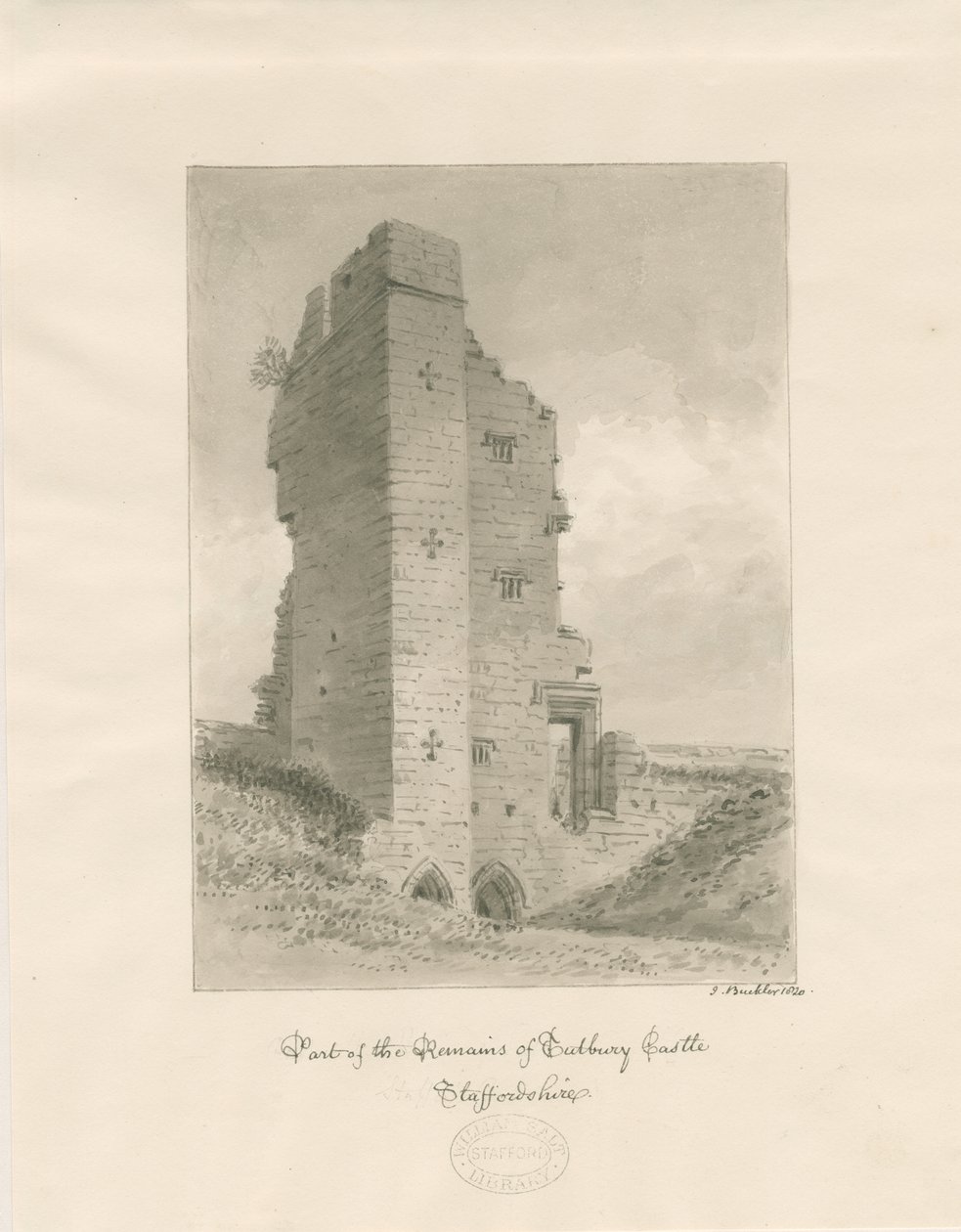 Tutbury Castle: sepia vask tegning af John Buckler