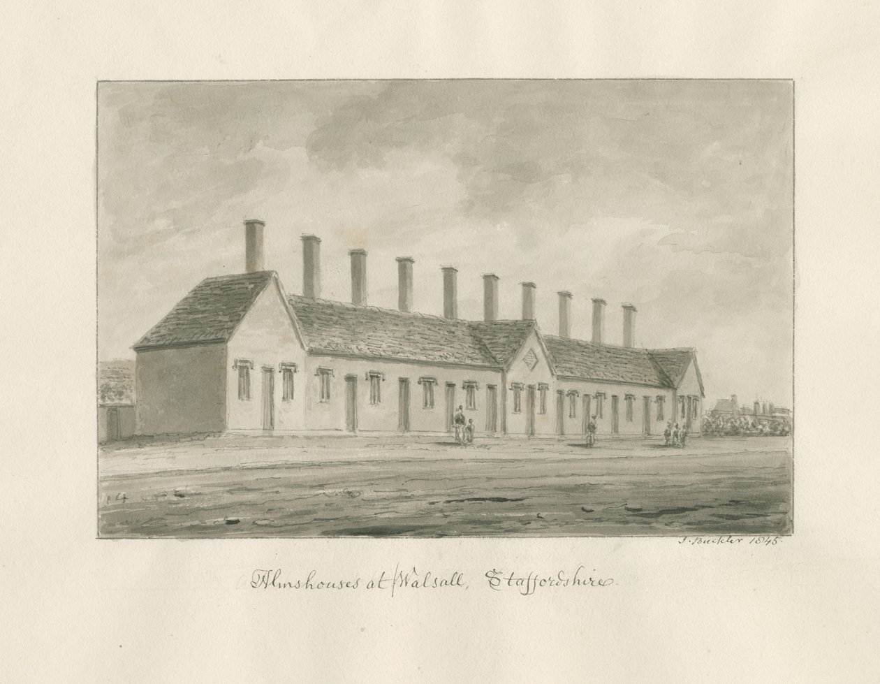 Walsall - Almshouses: sepia vask tegning af John Buckler