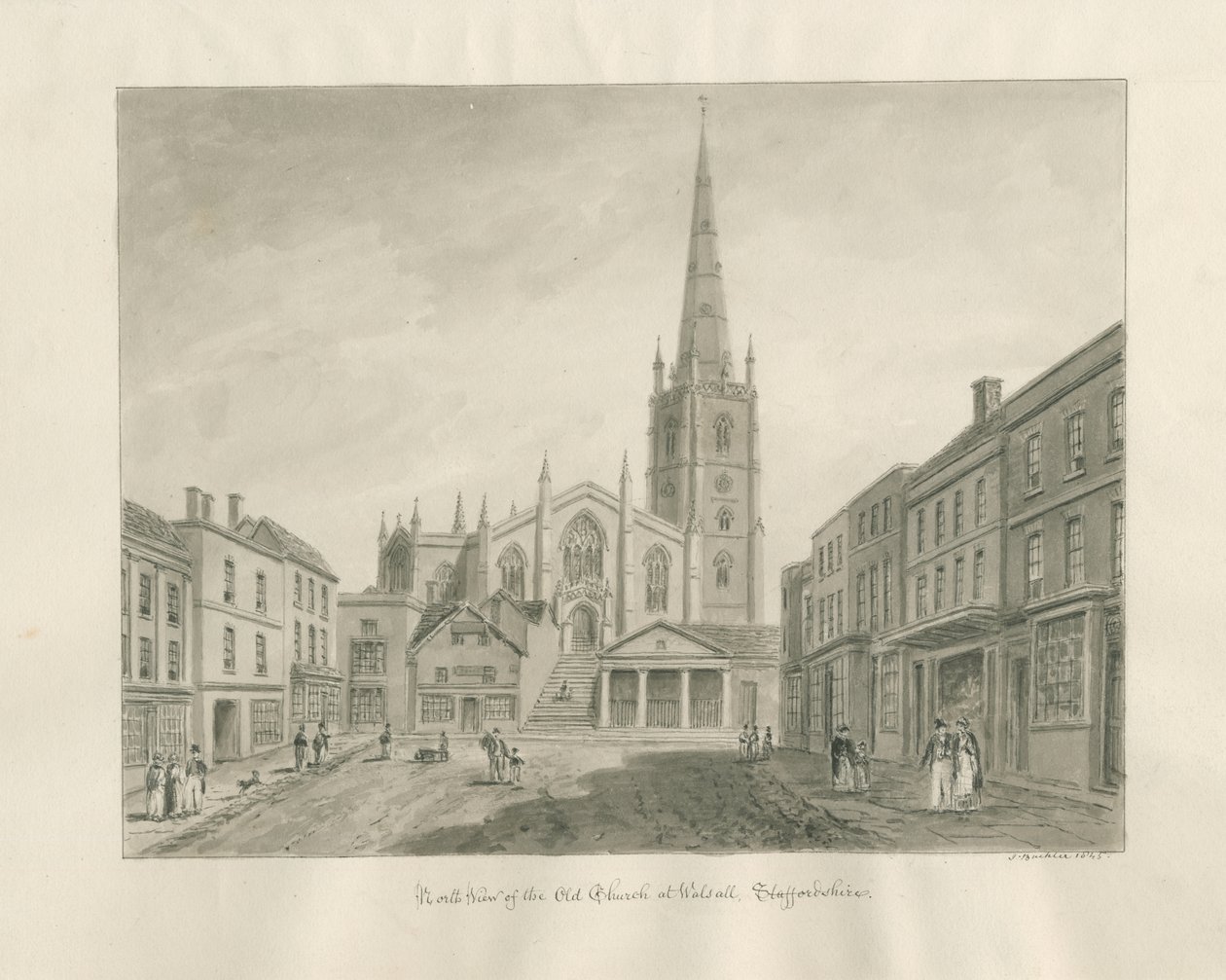 Walsall Town and Church: sepia vask tegning af John Buckler