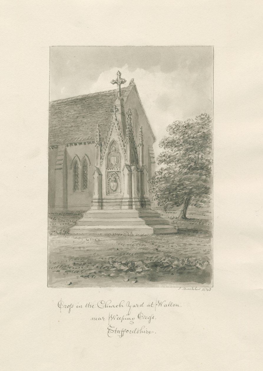 Walton-on-the-Hill Church - Kirkegårdskors: sepia-tegning af John Buckler