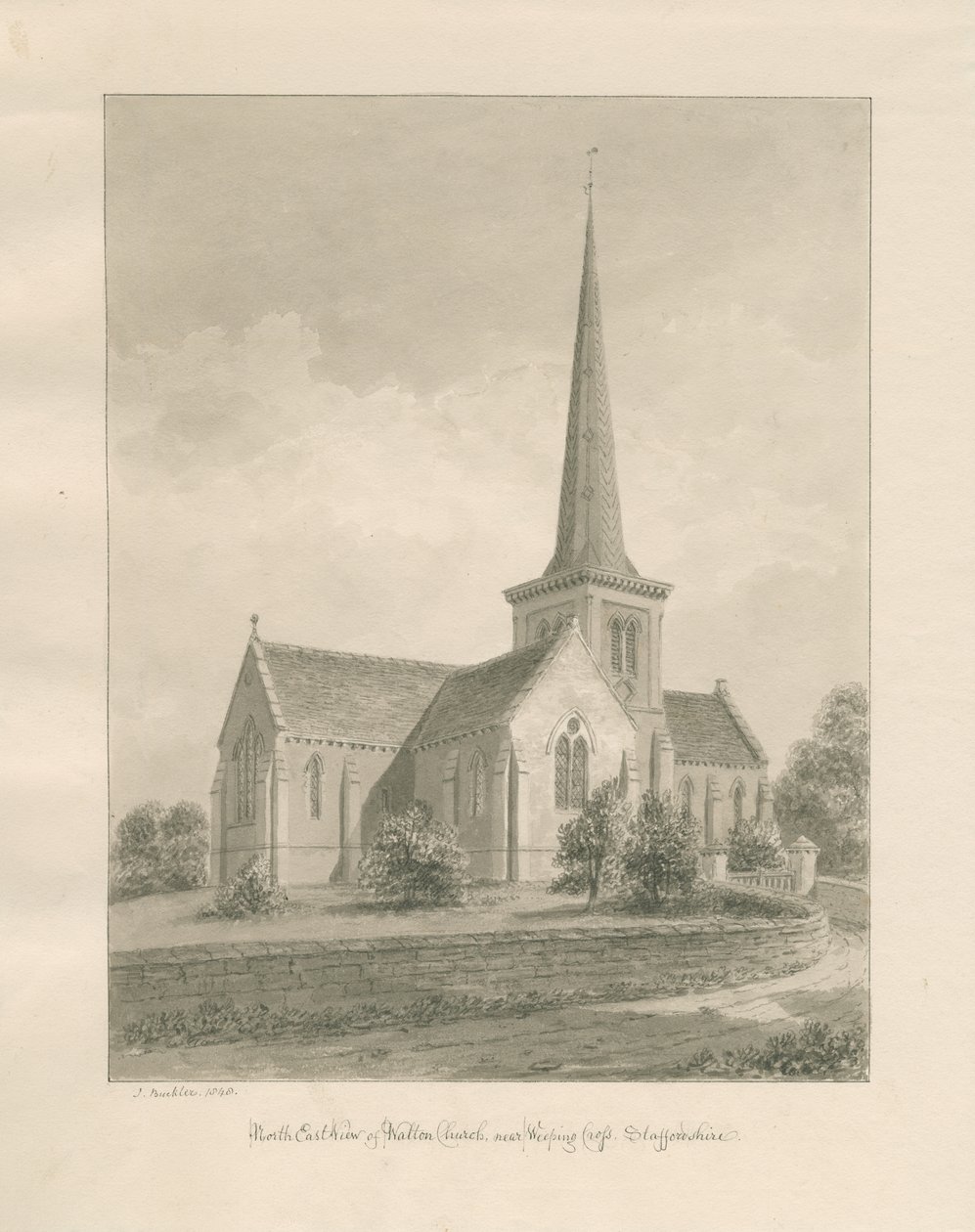 Walton-on-the-Hill Church: sepia vask tegning af John Buckler