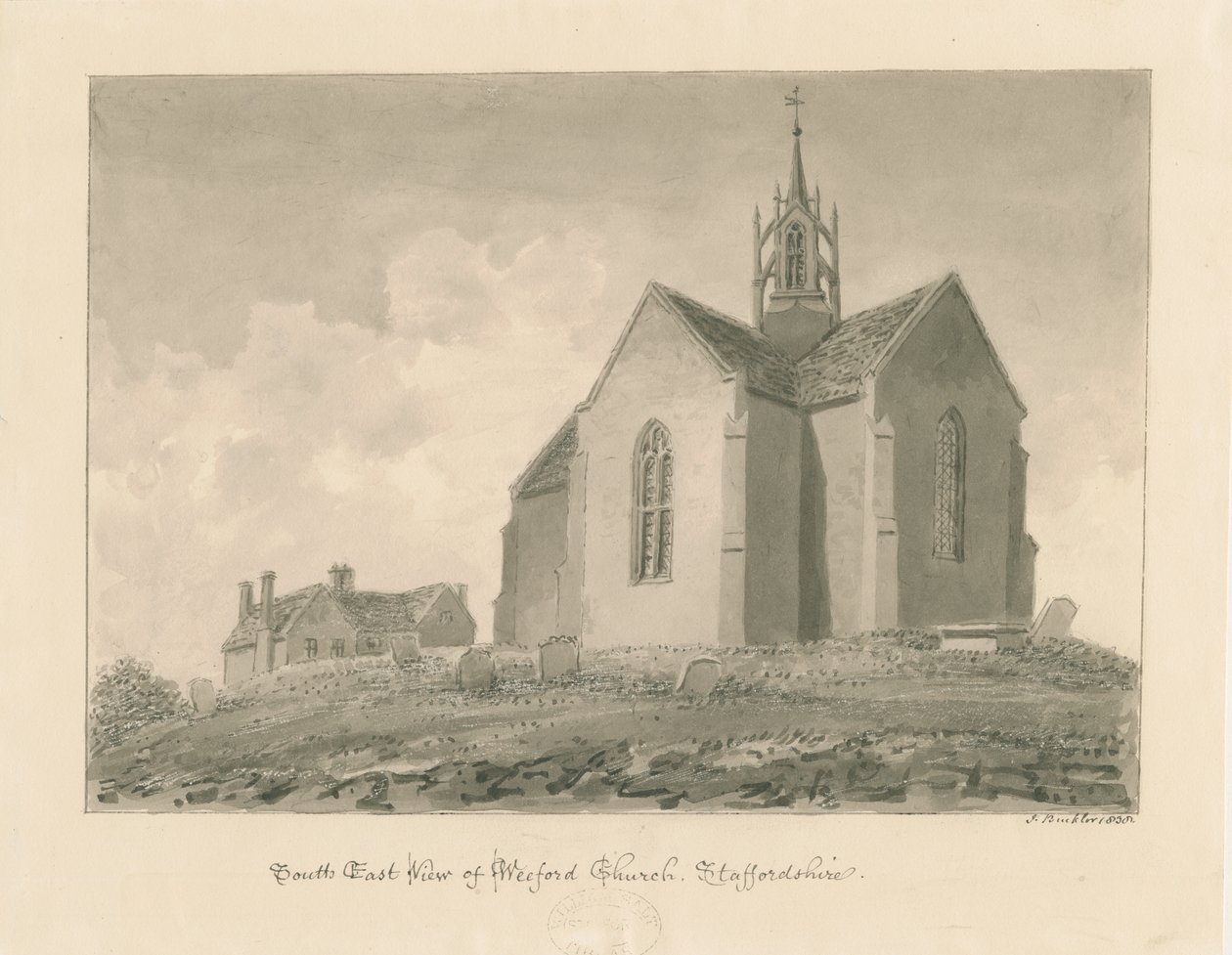 Weeford Church: sepia vask tegning af John Buckler