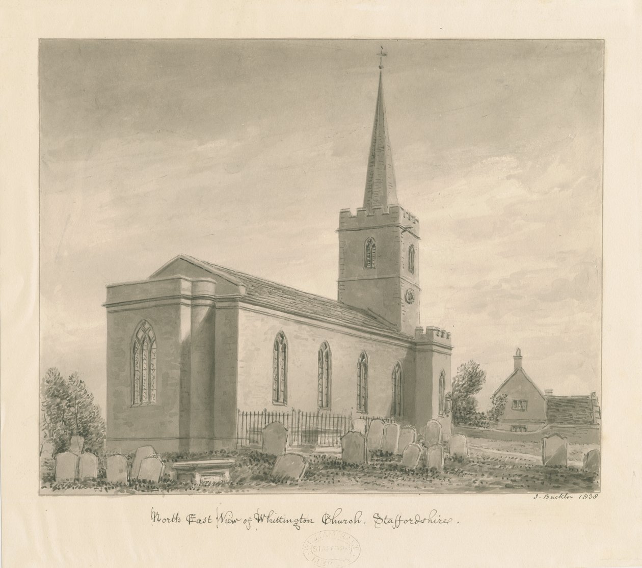 Whittington Church: sepia vask tegning af John Buckler