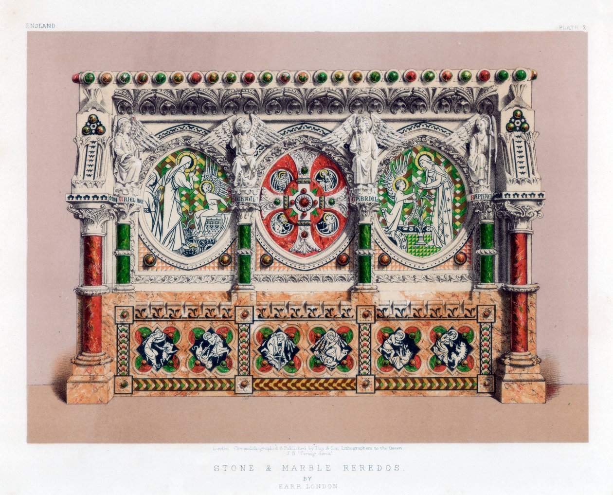 Sten og marmor Reredos, 1800-tallet. af John Burley Waring
