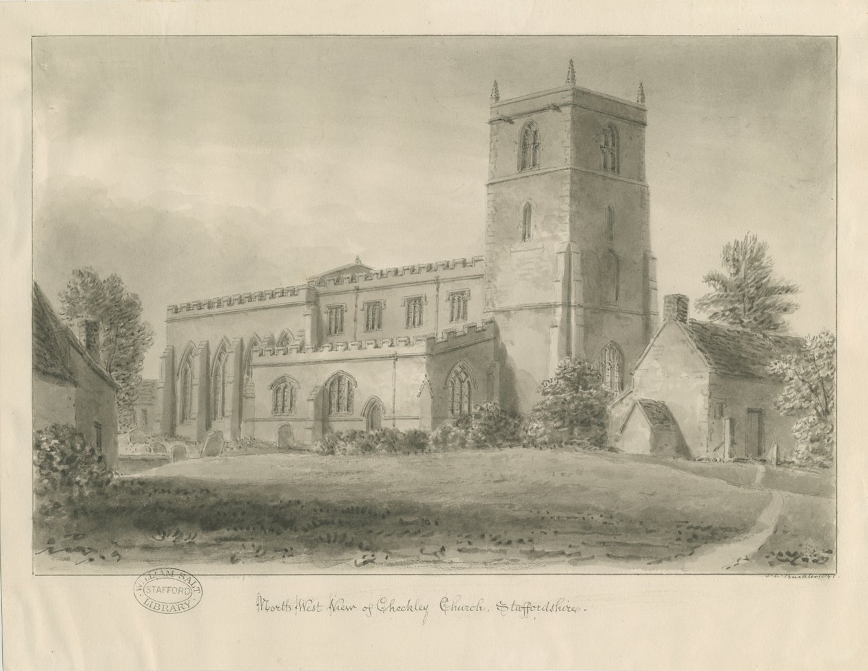 Checkley Church: sepia tegning af John Chessell Buckler