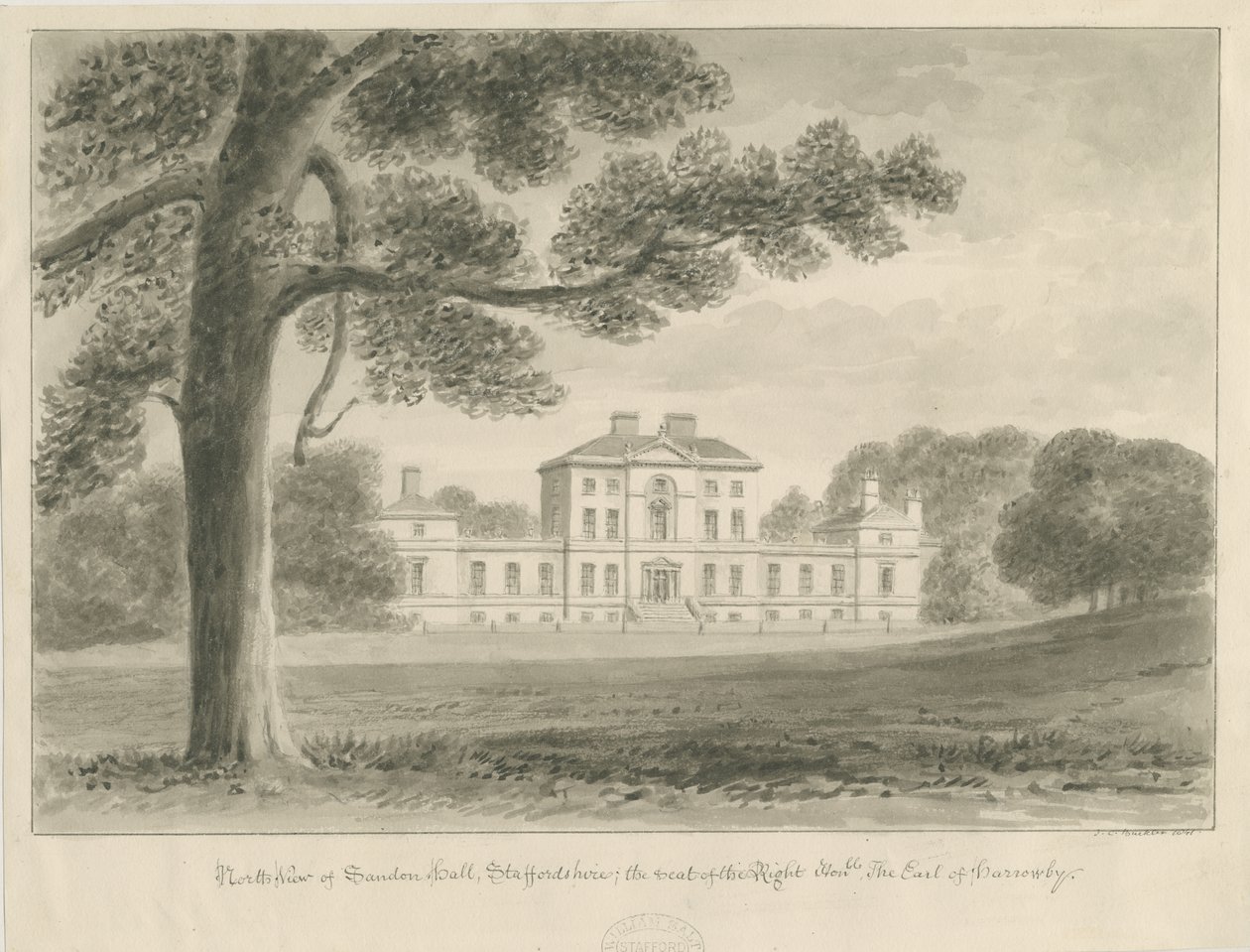 Sandon Hall: sepia vask tegning af John Chessell Buckler