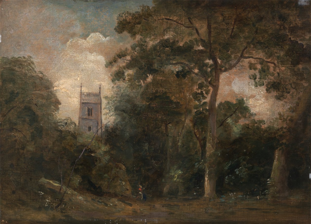 En kirke i træerne, ca. 1800. af John Constable