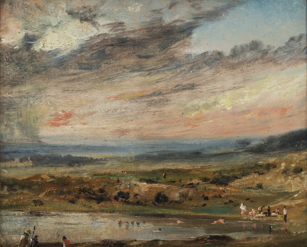 Hampstead Heath, med dam og badegæster af John Constable