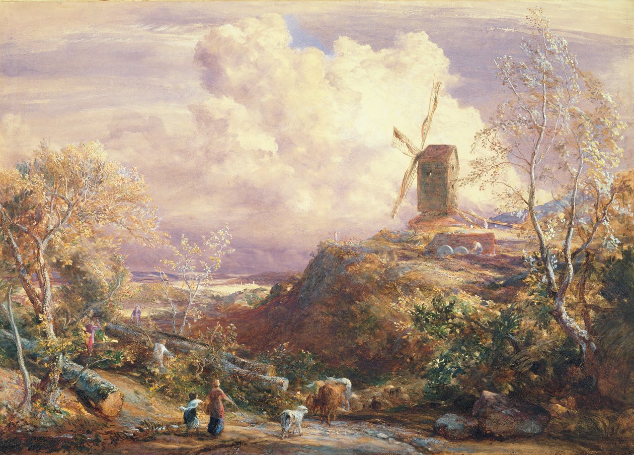 Vindmølle på en bakke med kvægdrivere af John Constable