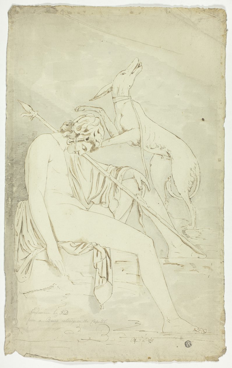Gammelt bas-relief af sovende jæger og hund af John Downman