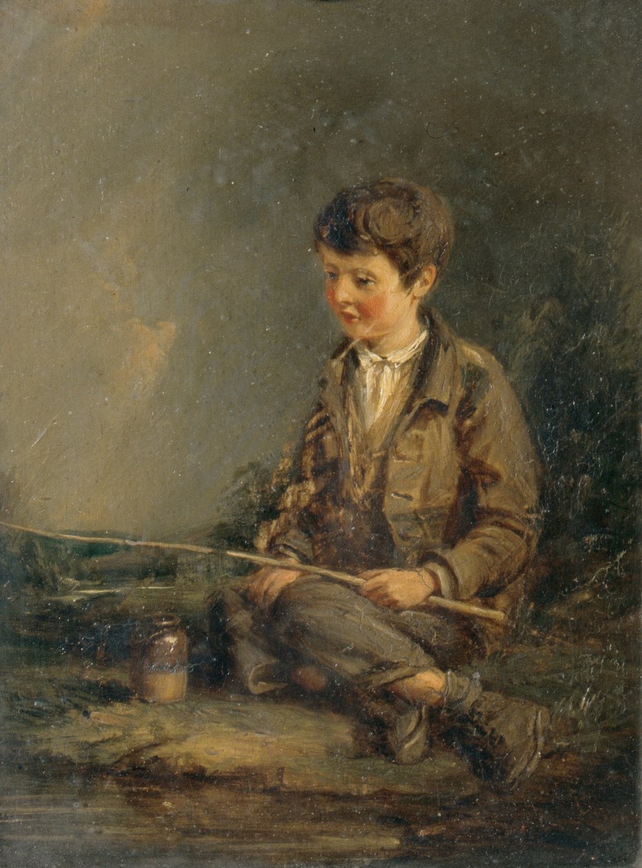 Boy Fishing (olie på panel) af John Linnell