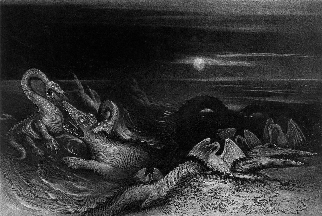 Plesiosaurus kæmper mod Temnodontosaurus (Oligostinus), 1840 af John Martin
