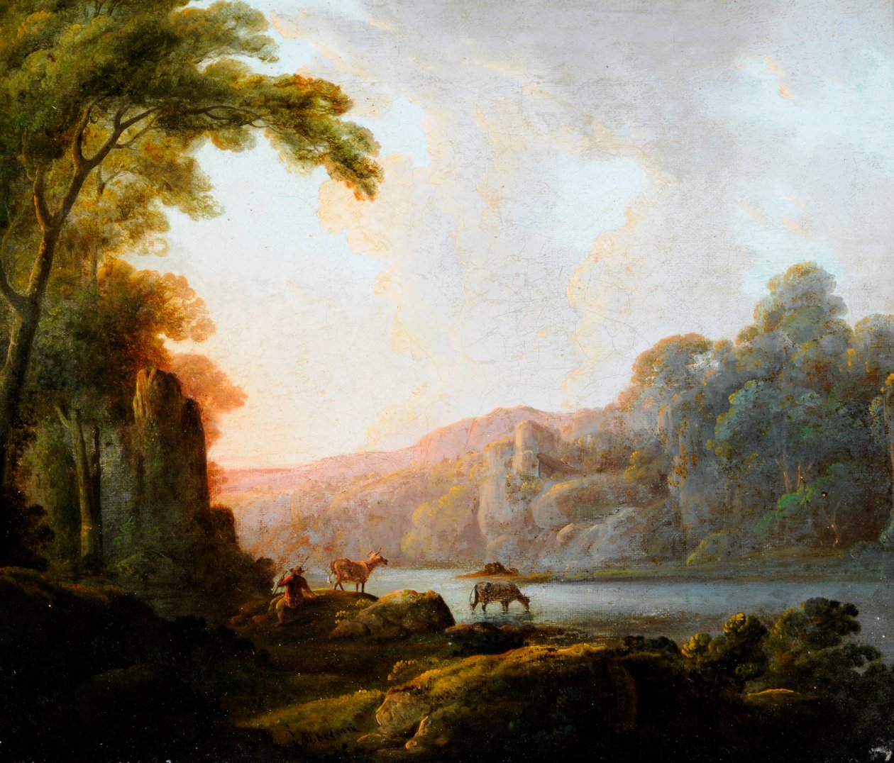 Scene ved søen med kvæg (olie på lærred) af John Rathbone