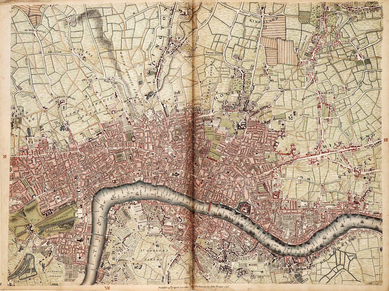 Kort over Islington, Westminster, City og Southwark af John Rocque