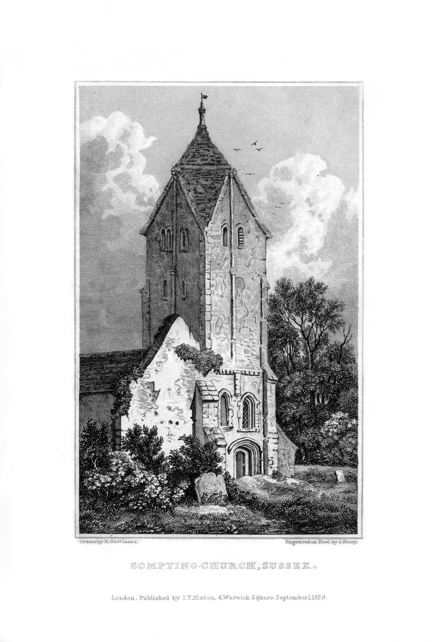 Sompting Church, Sussex, 1829. af John Shury