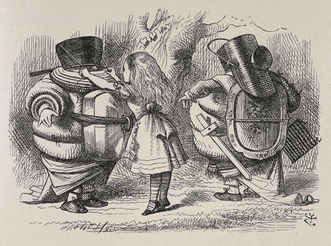 Alice klæder Tweedledee og Tweedledum på. af John Tenniel