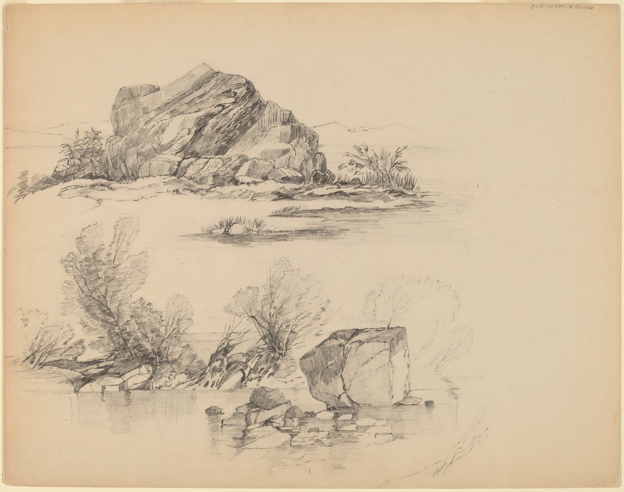 Klipper langs en søbredde [recto] af John William Casilear