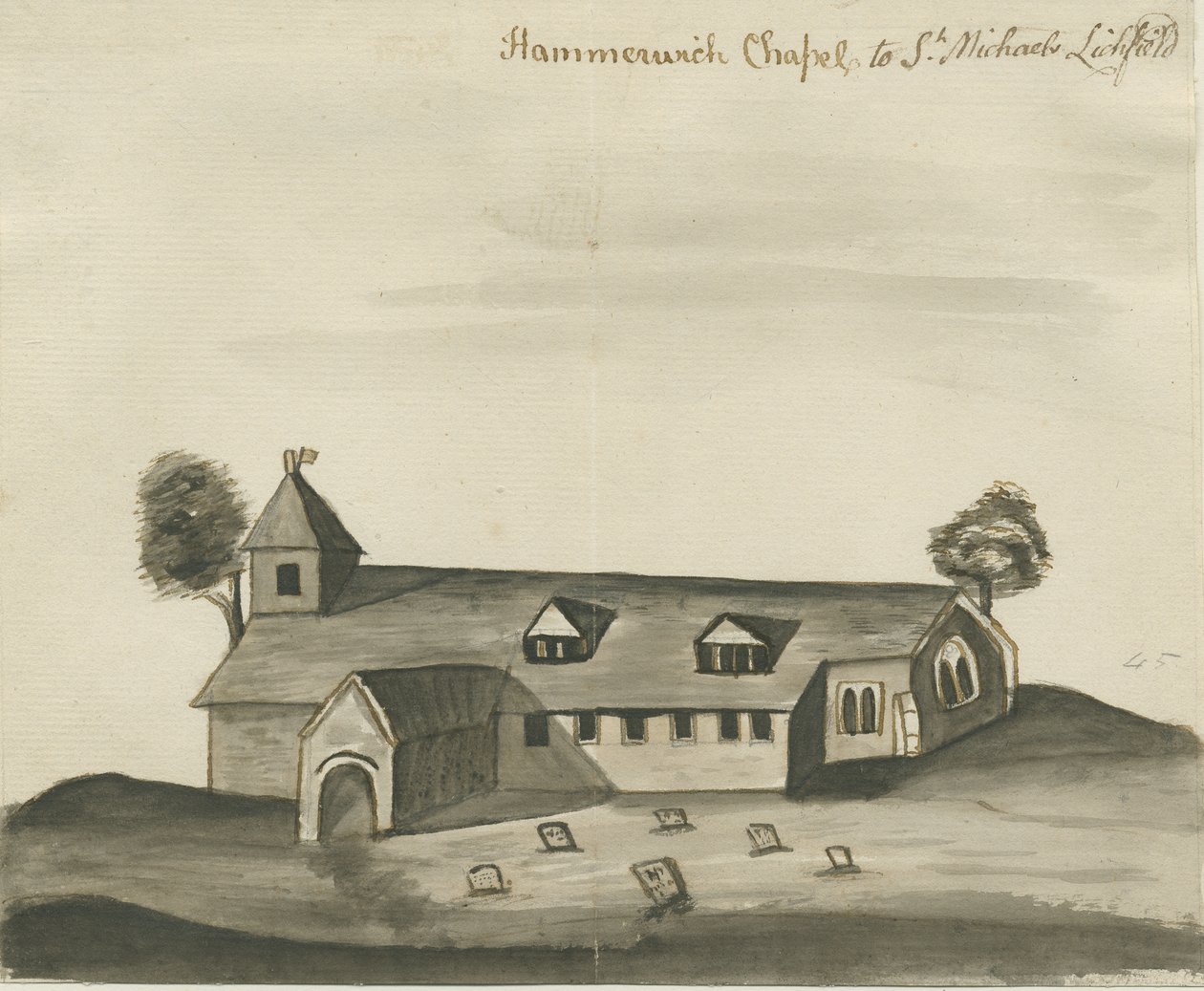 Hammerwich Church: sepia tegning, nd [c 1780] af John Wright
