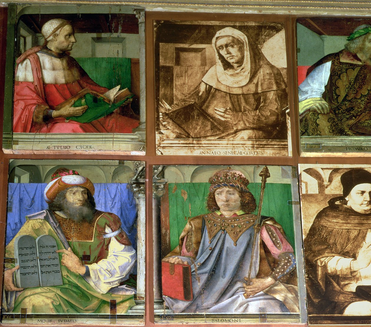Studiet af Federigo da Montefeltro, hertug af Urbino, med uret fra TL: Cicero, romersk taler (106-43 f.Kr.); Seneca, romersk stoisk filosof (ca. 4 f.Kr.-c. 65 e.Kr.); Homer, græsk episk digter (8. århundrede f.Kr.); St af Joos van Gent