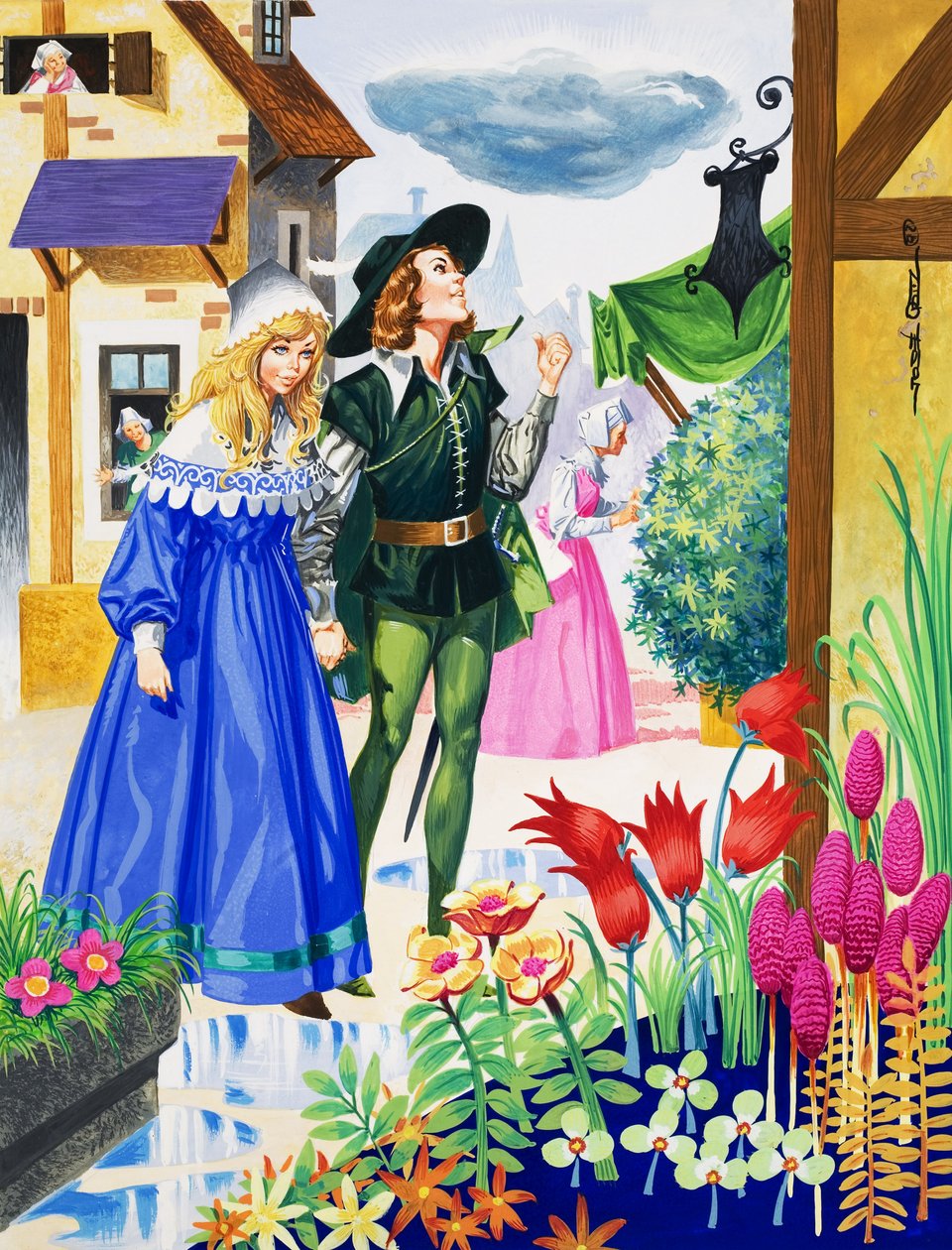 Par beundrer blomster (gouache på papir) af Jose Ortiz