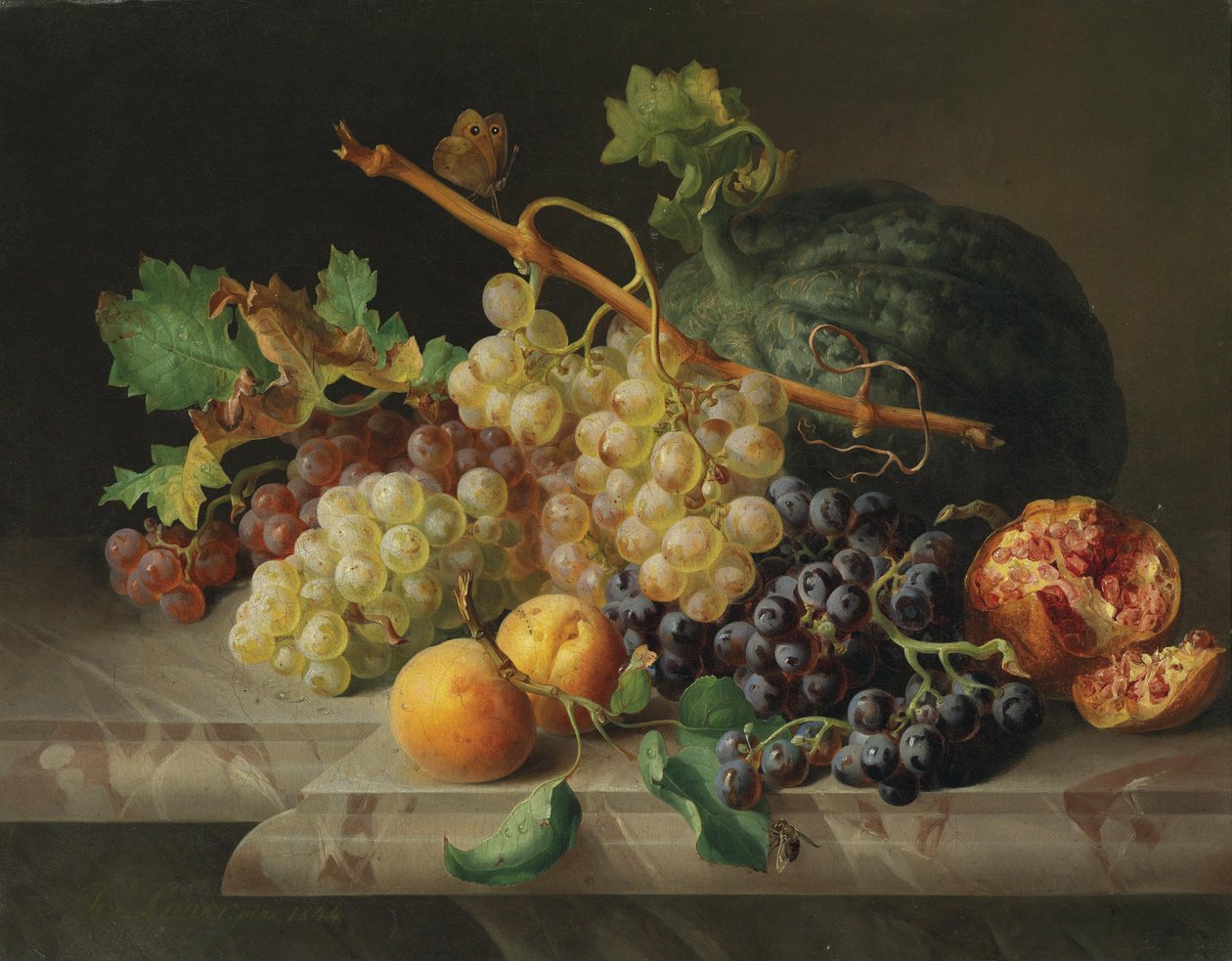 Stilleben med granatæble, druer og melon af Josef Lauer