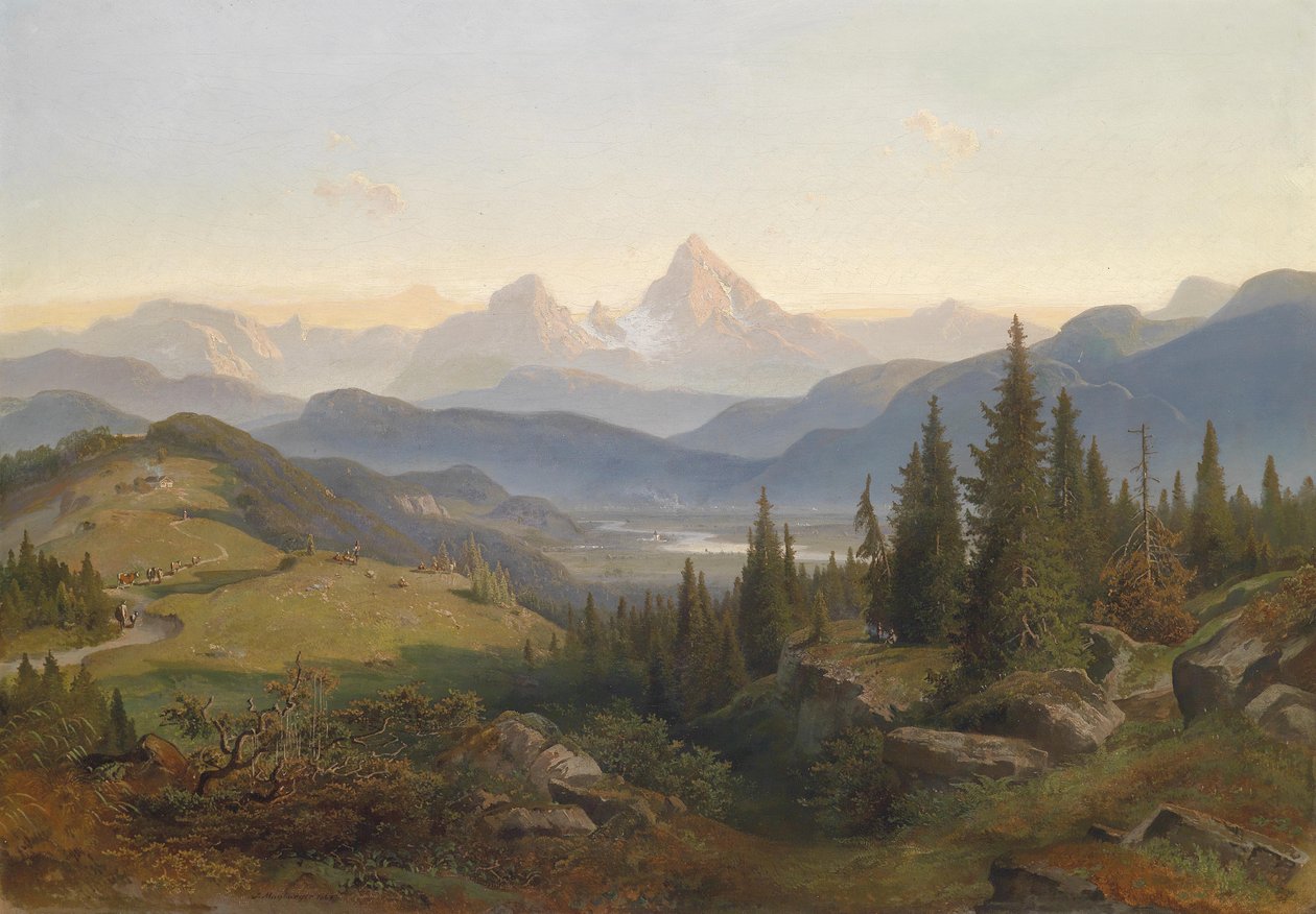 Landskab med bjergkæde, i baggrunden Watzmann af Josef Mayburger