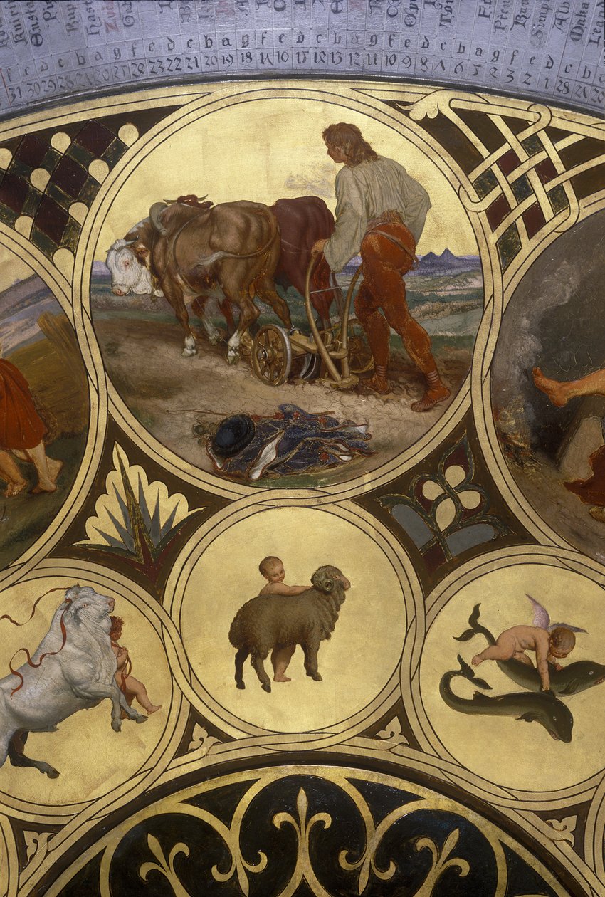 Prags astronomiske urs kalenderplade – marts, 1865-66 (olie på kobberplade) af Josef Mánes