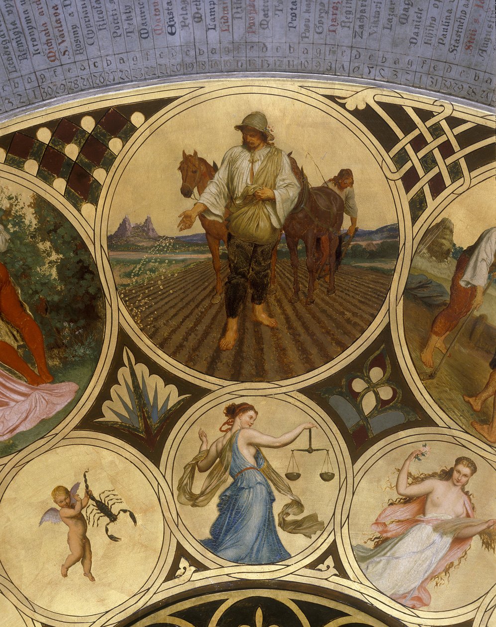 Prags astronomiske urs kalenderplade – september, 1865-66 (olie på kobberplade) af Josef Mánes