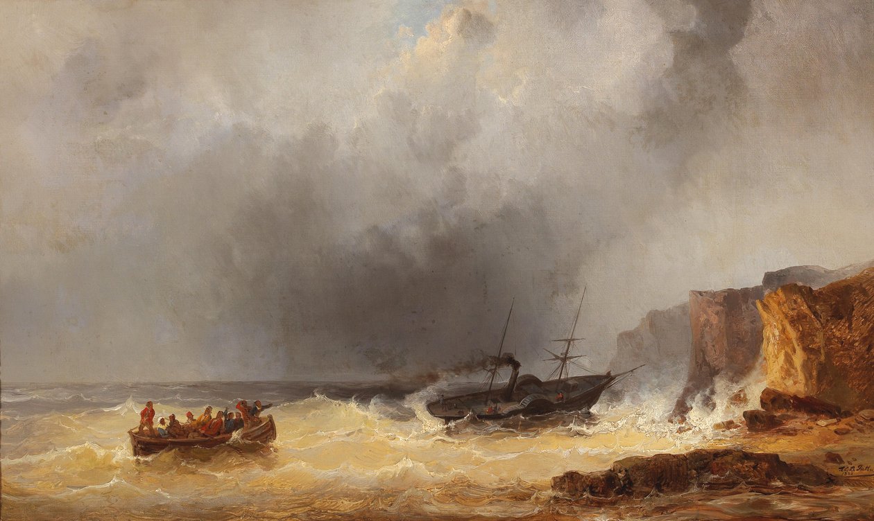 Dampskib i nød på havet ved en klippekyst af Josef Karl Berthold Puttner