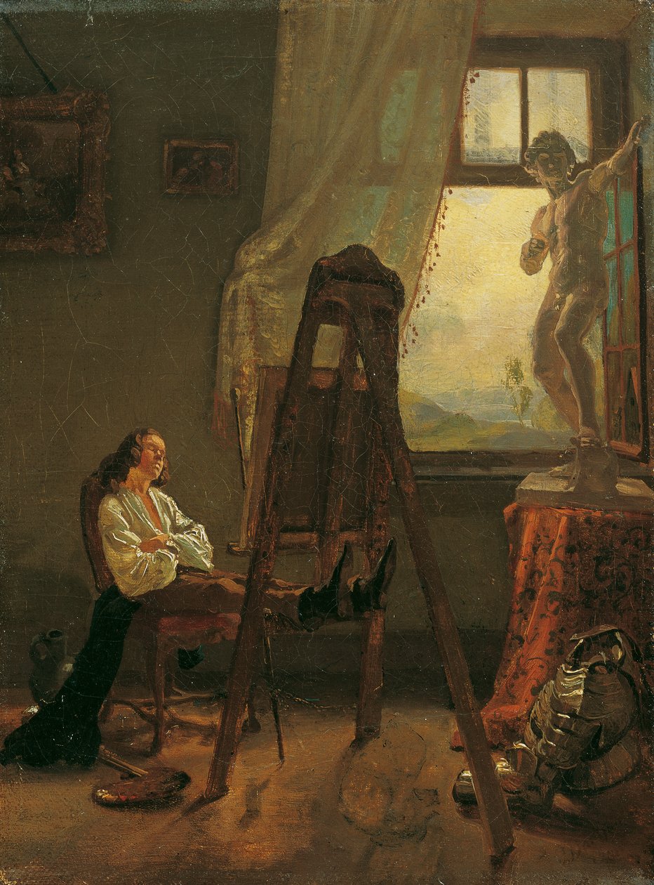 Maleren, der er faldet i søvn i atelieret af Josef Danhauser