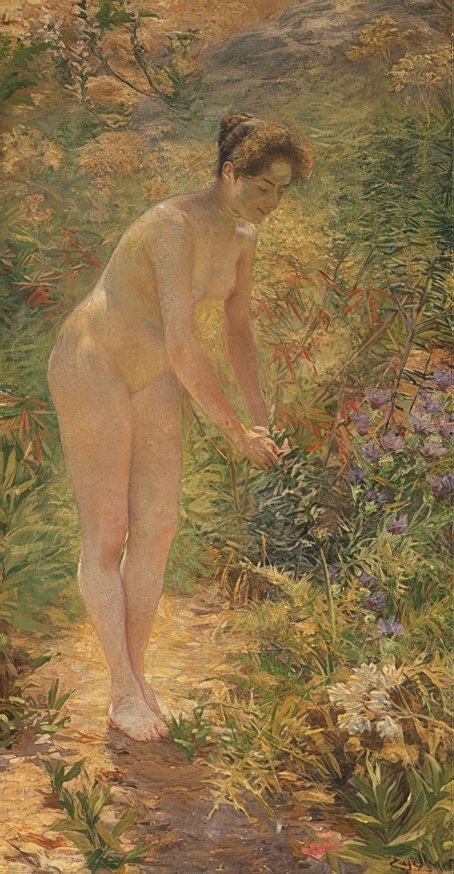 Stående nøgen kvinde i haven. Omkring år 1900 af Josef Engelhart