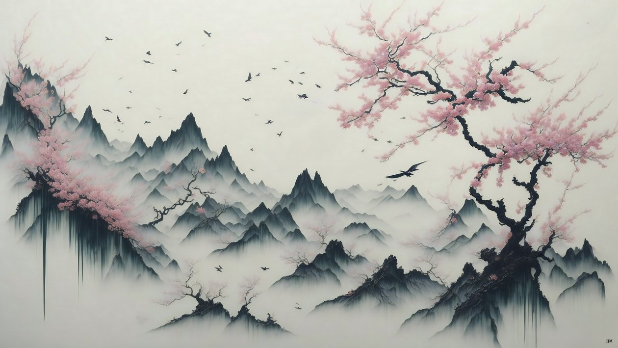 mustemaalaus: Cherry Blossom trees blooming_01 af Josef Johann Michel