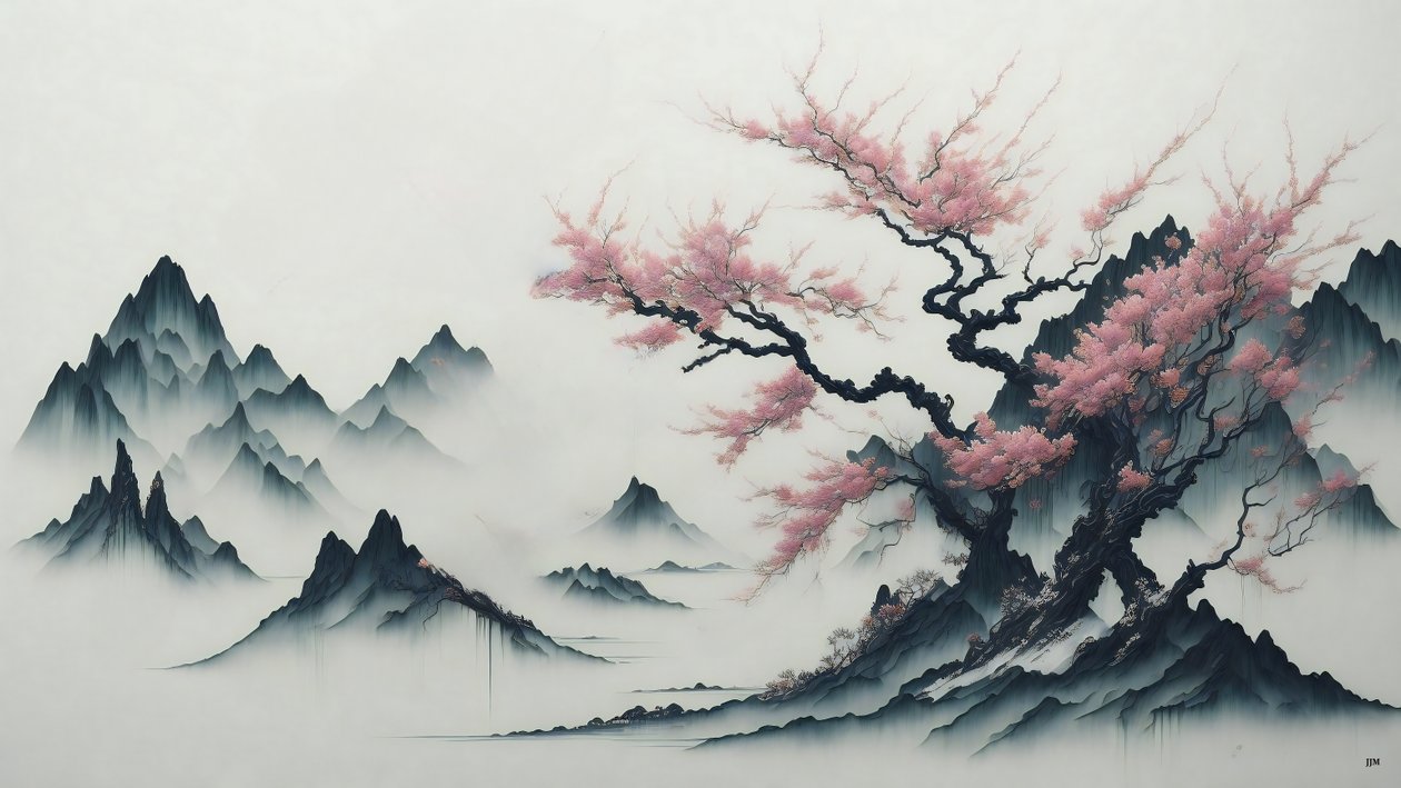 blæk maleri: Cherry Blossom træer blooming_02 af Josef Johann Michel