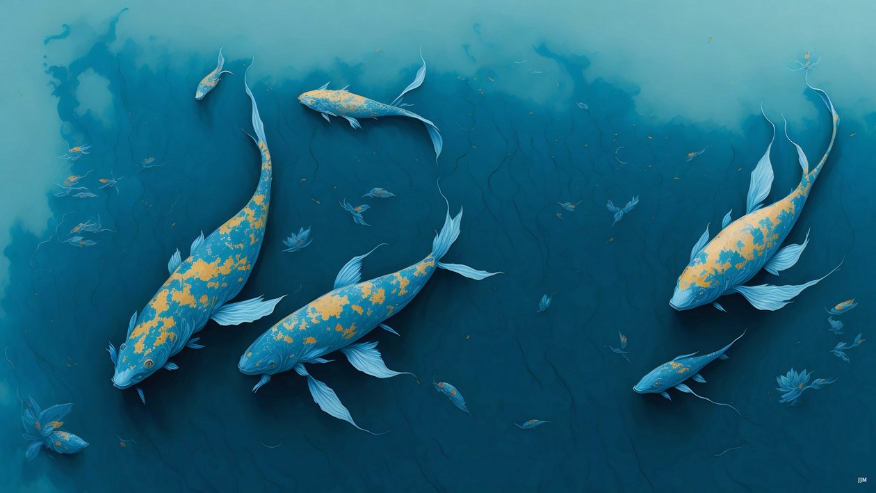 blækmaleri: Koi-Karpfish_blue_01 af Josef Johann Michel