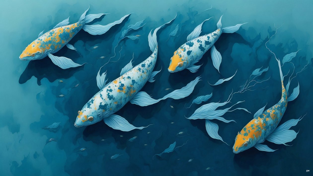 blækmaleri: Koi-Karpfish_blue_02 af Josef Johann Michel