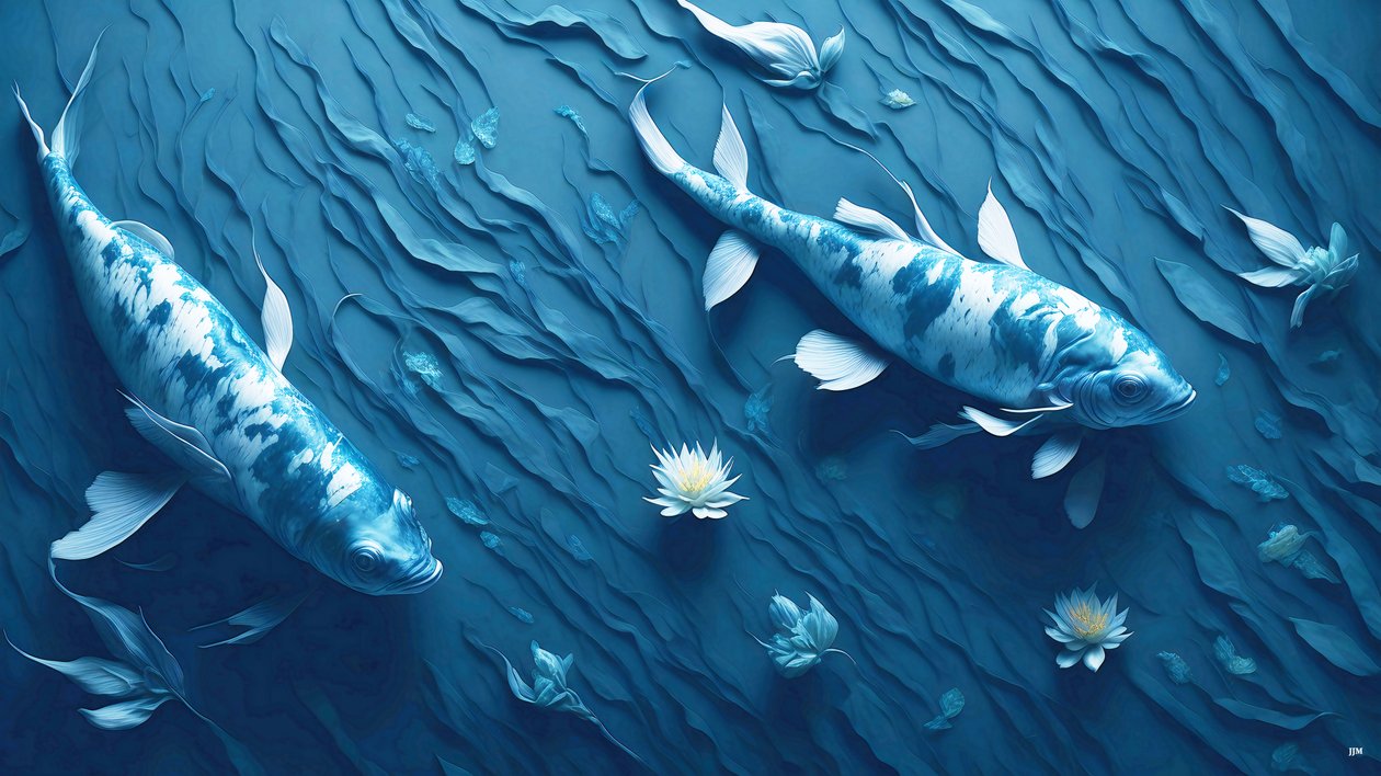 blækmaleri: Koi-Karpfish_blue_03 af Josef Johann Michel
