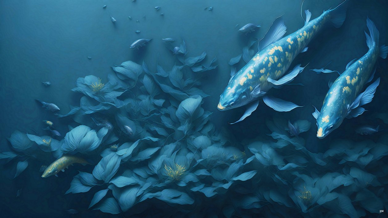 blækmaleri: Koi-Karpfish_blue_04 af Josef Johann Michel