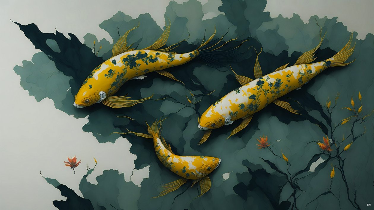 blækmaleri: Koi-Karpfish_gold_01 af Josef Johann Michel