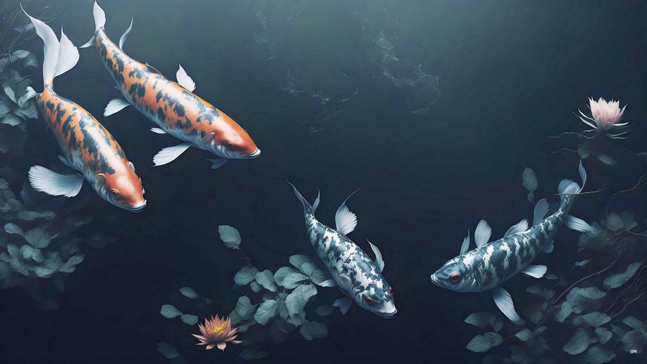 blækmaleri: Koi-Karpfisk_rød+hvid_01 af Josef Johann Michel