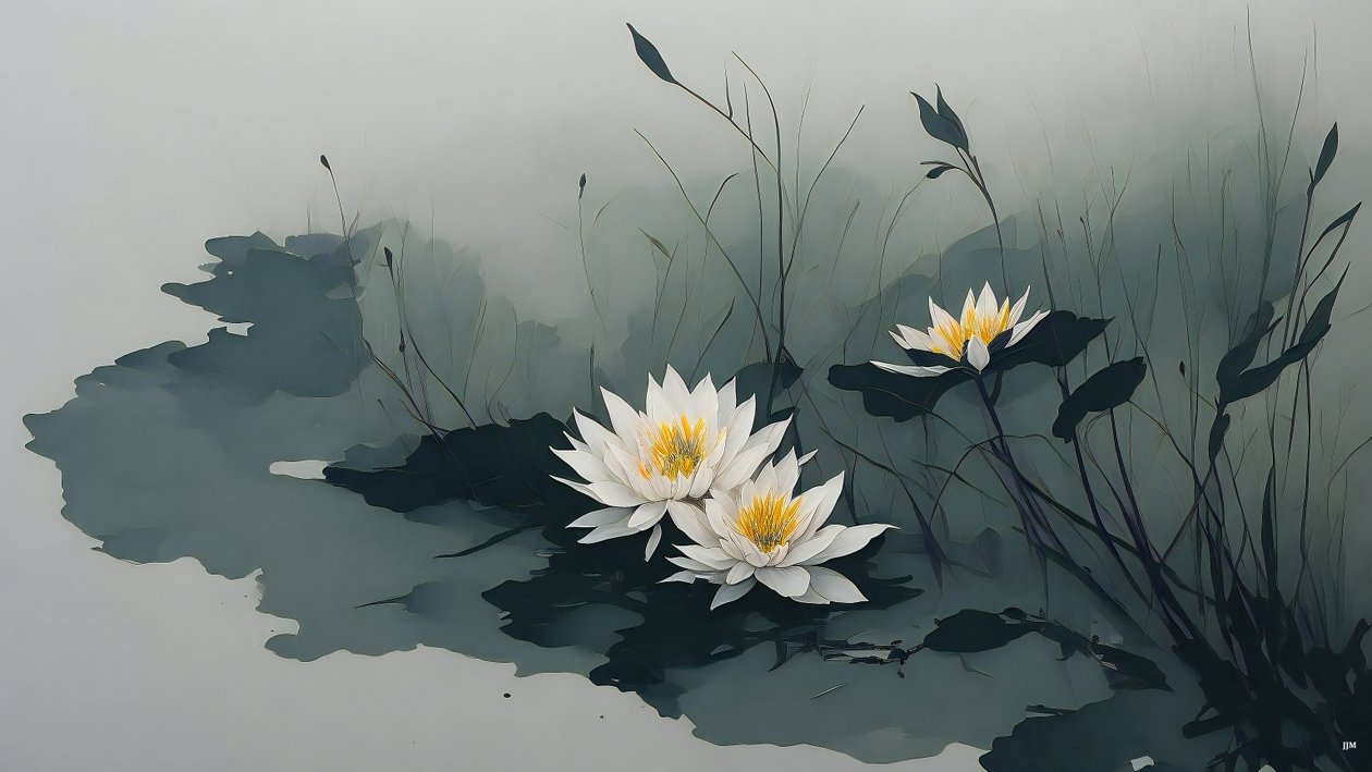 blækmaleri: water-lillies_01 af Josef Johann Michel
