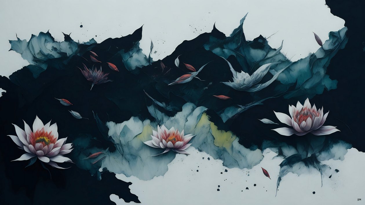 blækmaleri: waterlili-sort_01 af Josef Johann Michel