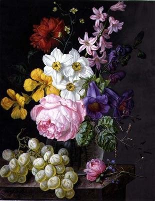 Roser, narcisser og blomster i en vase af Josef Lauer