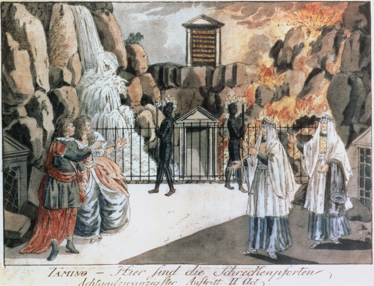 Tamino og Pamina foran templet, scene fra "Tryllefløjten" af Wolfgang Amadeus Mozart (1756-91), illustration fra "Allgemeines Europaisches Journal", udgivet i 1795 (farvestik) af Joseph and Peter Schaffer