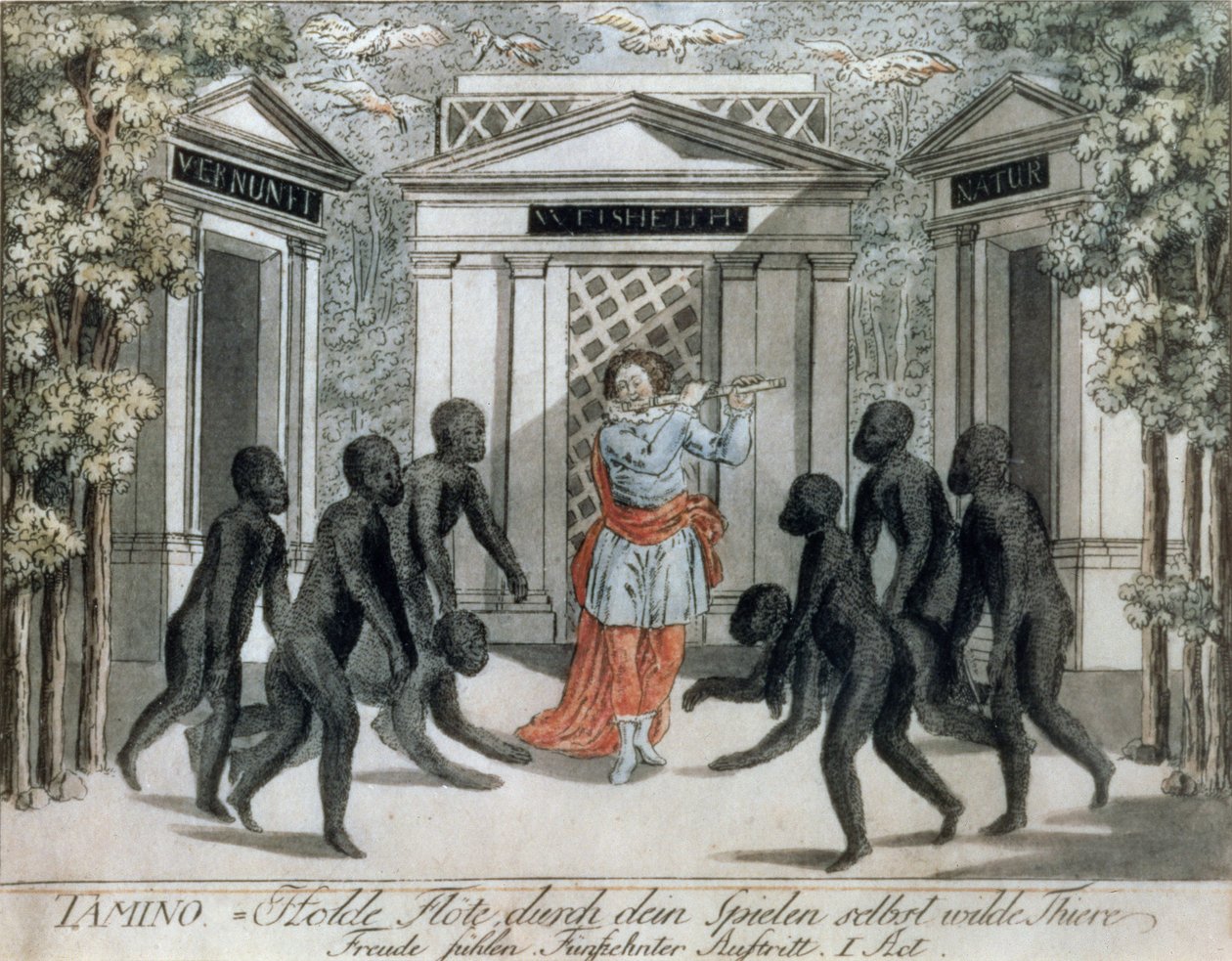 Tamino spiller på den magiske fløjte for at afværge de vilde dyr, første akt, scene xv, fra "Tryllefløjten" af Wolfgang Amadeus Mozart (1756-91), ca. 1793. af Joseph and Peter Schaffer
